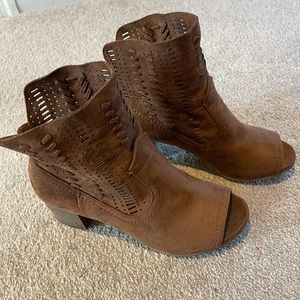 Not Rated brown suede open toe shoe boots